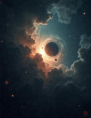 The primary subject of the image is a painting of a planet with a sun and two moons. The setting is a dark, cloudy sky, and the visual style is a digital art or illustration. The colors and mood of the painting are dark and moody, with the focus on the planet and its celestial companions.